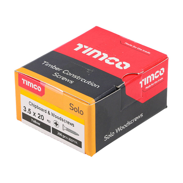 Timco Solo Chipboard & Woodscrews - PZ - Double Countersunk - Yellow 3.5 x 20 - 200 Pieces