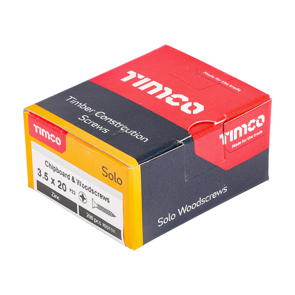 Timco Solo Chipboard & Woodscrews - PZ - Double Countersunk - Zinc 3.5 x 20 - 200 Pieces
