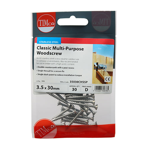 Timco Classic Multi-Purpose Screws - PZ - Double Countersunk - Stainless Steel 3.5 x 30 - 30 Pieces