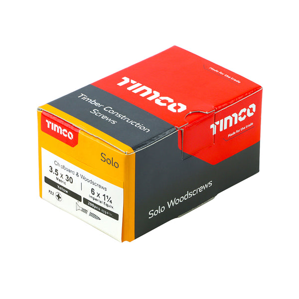 Timco Solo Chipboard & Woodscrews - PZ - Double Countersunk - Yellow 3.5 x 30 - 200 Pieces