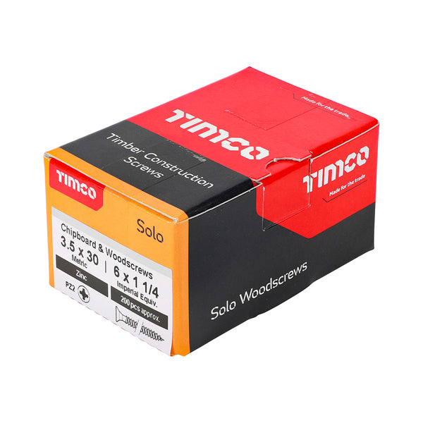Timco Solo Chipboard & Woodscrews - PZ - Double Countersunk - Zinc 3.5 x 30 - 200 Pieces