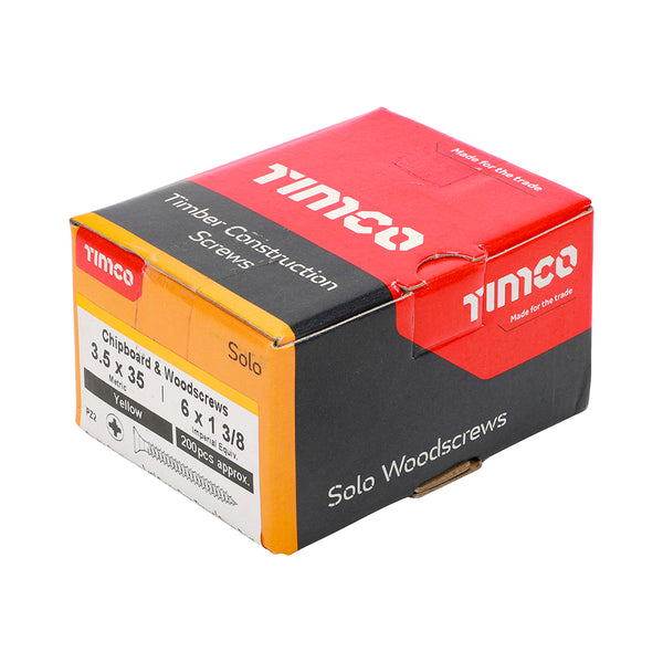 Timco Solo Chipboard & Woodscrews - PZ - Double Countersunk - Yellow 3.5 x 35 - 200 Pieces