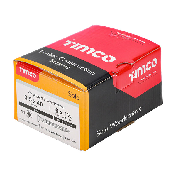Timco Solo Chipboard & Woodscrews - PZ - Double Countersunk - Zinc 3.5 x 40 - 200 Pieces