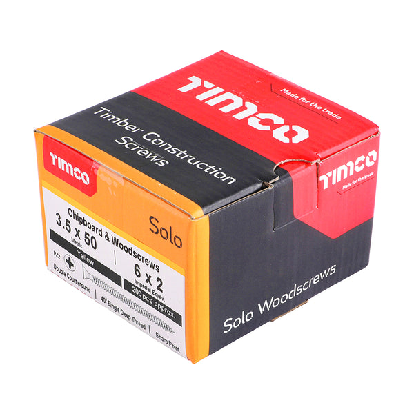 Timco Solo Chipboard & Woodscrews - PZ - Double Countersunk - Yellow 3.5 x 50 - 200 Pieces