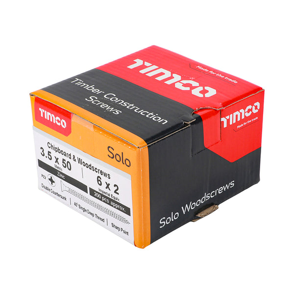 Timco Solo Chipboard & Woodscrews - PZ - Double Countersunk - Zinc 3.5 x 50 - 200 Pieces