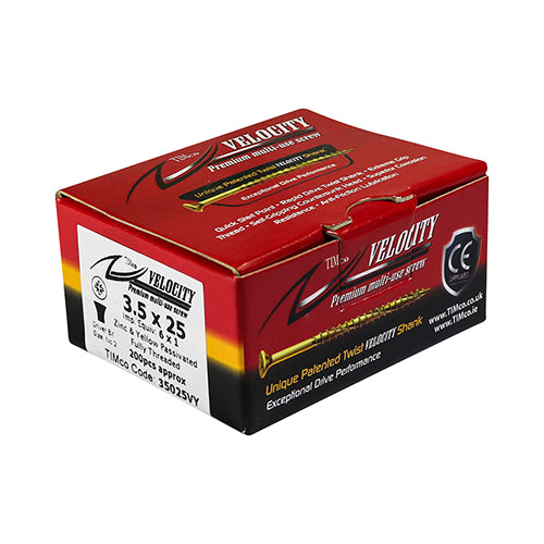 Timco Velocity Premium Multi-Use Screws - PZ - Double Countersunk - Yellow 3.5 x 50 - 200 Pieces