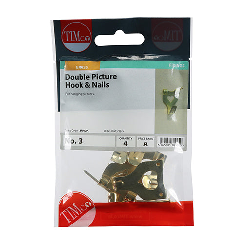 Timco Picture Hanging Hooks - Double - Electro Brass No.3 Double - 4 Pieces