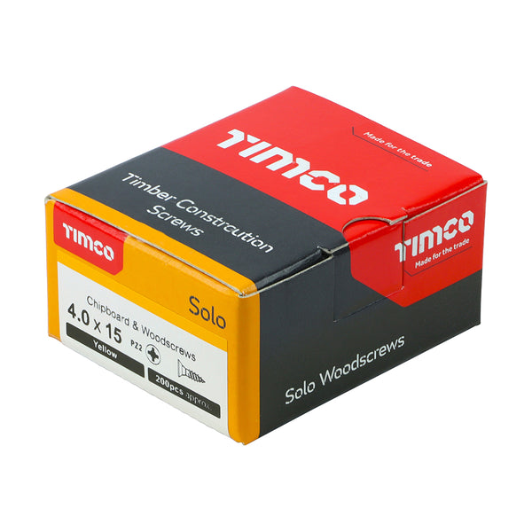 Timco Solo Chipboard & Woodscrews - PZ - Double Countersunk - Yellow 4.0 x 15 - 200 Pieces