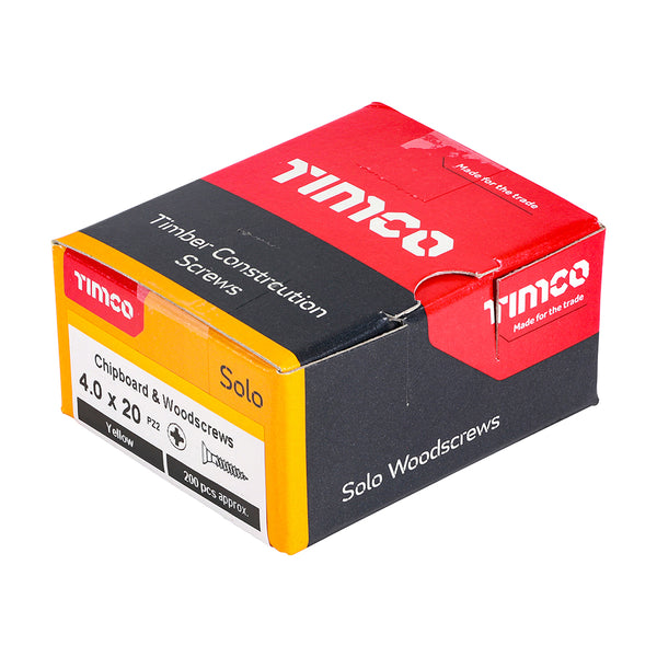 Timco Solo Chipboard & Woodscrews - PZ - Double Countersunk - Yellow 4.0 x 20 - 200 Pieces