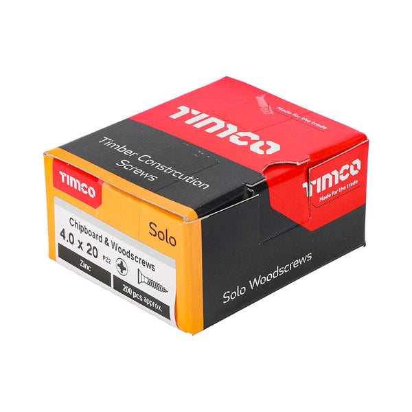 Timco Solo Chipboard & Woodscrews - PZ - Double Countersunk - Zinc 4.0 x 20 - 200 Pieces