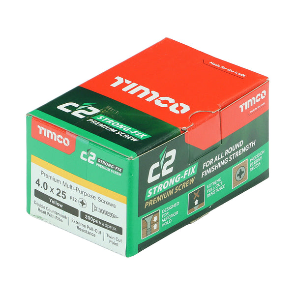 Timco C2 Strong-Fix Multi-Purpose Premium Screws - PZ - Double Countersunk - Yellow 4.0 x 25 - 200 Pieces