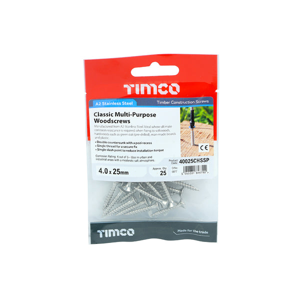 Timco Classic Multi-Purpose Screws - PZ - Double Countersunk - Stainless Steel 4.0 x 25 - 25 Pieces