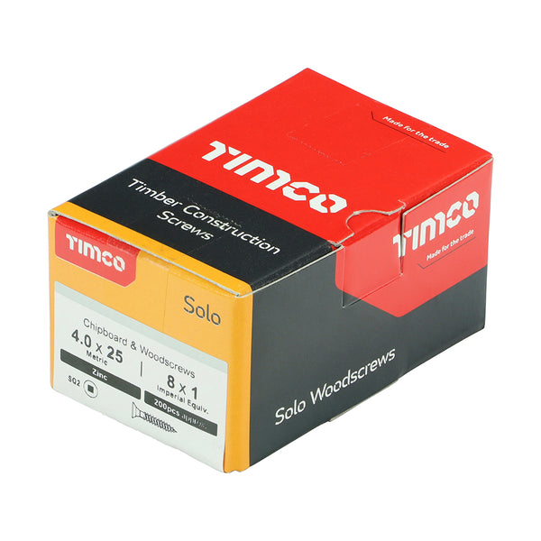 Timco Solo Chipboard & Woodscrews - SQ - Double Countersunk - Zinc 4.0 x 25 - 200 Pieces