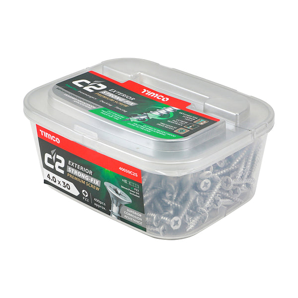 Timco C2 Strong-Fix Exterior Multi-Purpose Premium Screws - PZ - Double Countersunk - Silver 4.0 x 30 - 400 Pieces