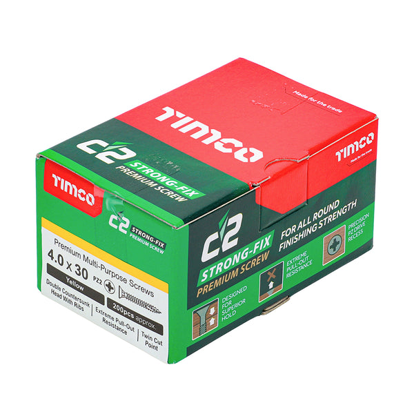 Timco C2 Strong-Fix Multi-Purpose Premium Screws - PZ - Double Countersunk - Yellow 4.0 x 30 - 200 Pieces