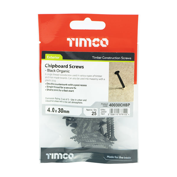 Timco Chipboard Screws - PZ - Double Countersunk - Black Organic 4.0 x 30 - 25 Pieces