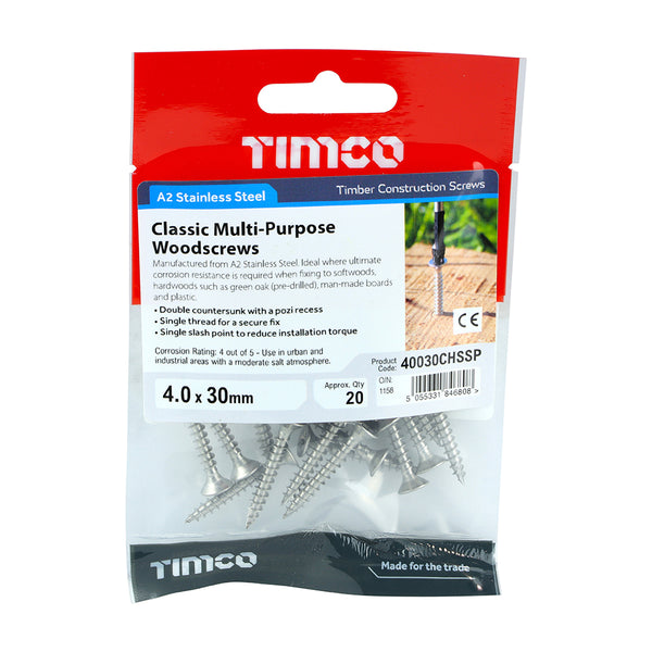 Timco Classic Multi-Purpose Screws - PZ - Double Countersunk - Stainless Steel 4.0 x 30 - 20 Pieces