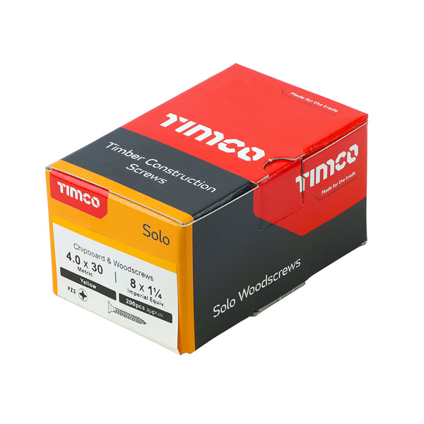 Timco Solo Chipboard & Woodscrews - PZ - Double Countersunk - Yellow 4.0 x 30 - 200 Pieces