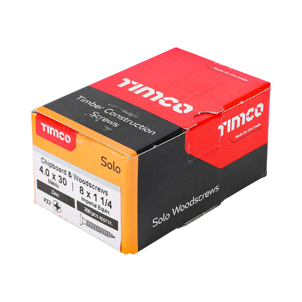 Timco Solo Chipboard & Woodscrews - PZ - Double Countersunk - Zinc 4.0 x 30 - 200 Pieces