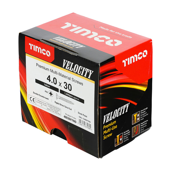 Timco Velocity Premium Multi-Use Screws - PZ - Double Countersunk - Yellow 4.0 x 30 - 1000 Pieces