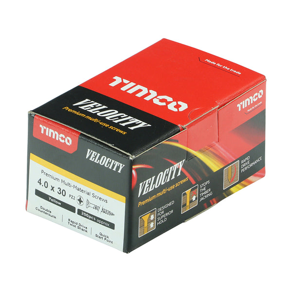 Timco Velocity Premium Multi-Use Screws - PZ - Double Countersunk - Yellow 4.0 x 30 - 200 Pieces