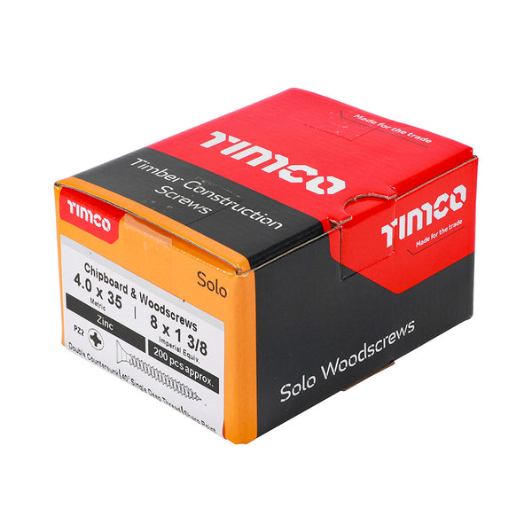 Timco Solo Chipboard & Woodscrews - PZ - Double Countersunk - Zinc 4.0 x 35 - 200 Pieces