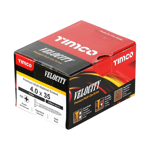 Timco Velocity Premium Multi-Use Screws - PZ - Double Countersunk - Yellow 4.0 x 35 - 200 Pieces
