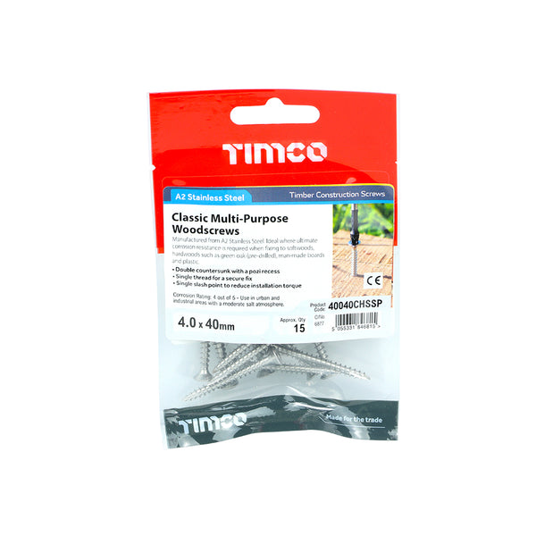 Timco Classic Multi-Purpose Screws - PZ - Double Countersunk - Stainless Steel 4.0 x 40 - 15 Pieces