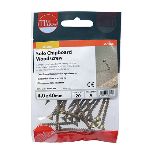 Timco Solo Woodscrews - PZ - Double Countersunk - Yellow 4.0 x 40 - 20 Pieces