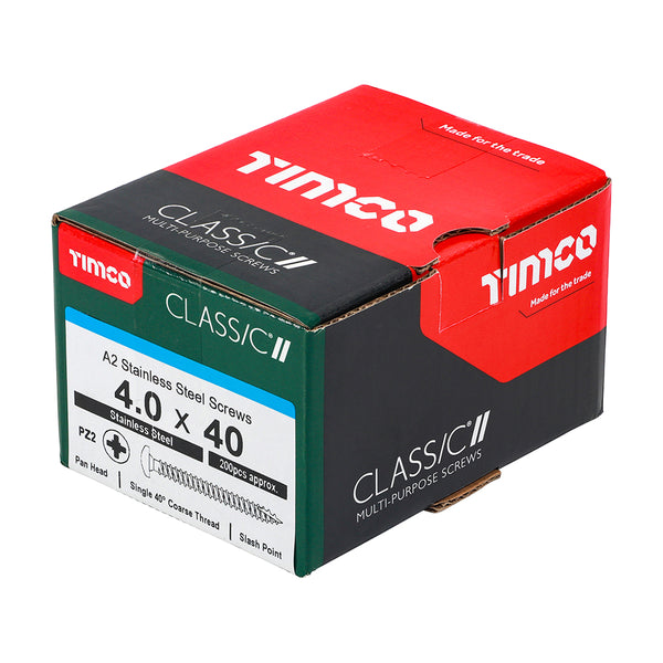 Timco Classic Multi-Purpose Screws - PZ - Pan Head - A2 Stainless Steel 4.0 x 40 - 200 Pieces