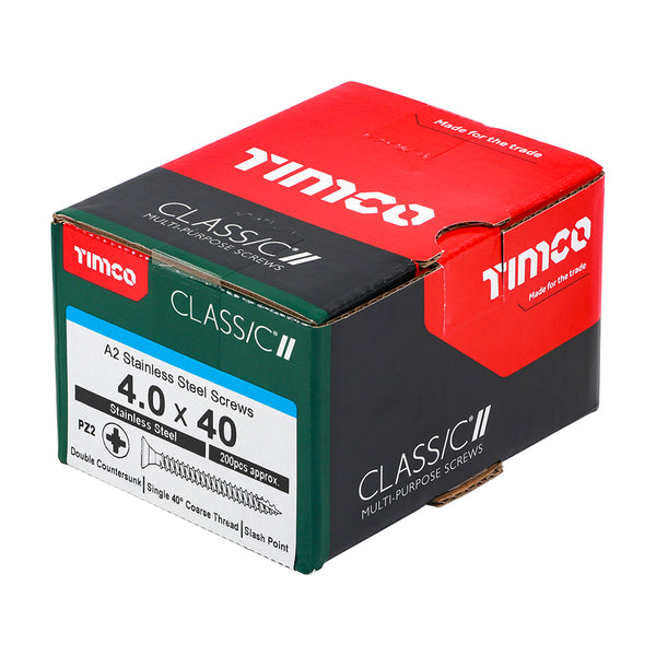 Timco Classic Multi-Purpose Screws - PZ - Double Countersunk - A2 Stainless Steel 4.0 x 40 - 200 Pieces