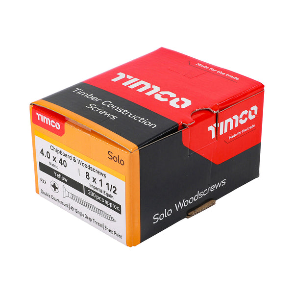 Timco Solo Chipboard & Woodscrews - PZ - Double Countersunk - Yellow 4.0 x 40 - 200 Pieces