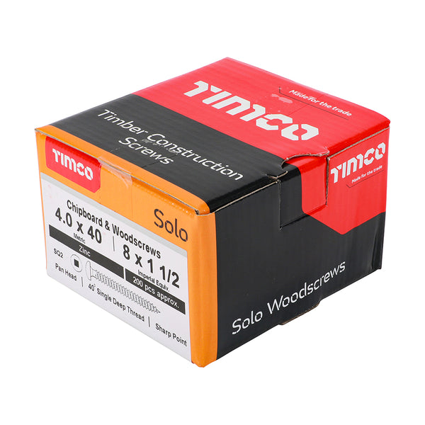 Timco Solo Chipboard & Woodscrews - SQ - Pan - Zinc 4.0 x 40 - 200 Pieces