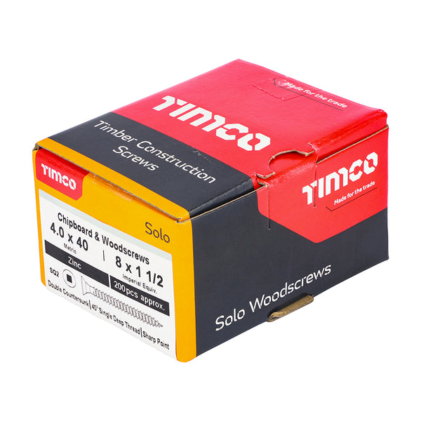 Timco Solo Chipboard & Woodscrews - SQ - Double Countersunk - Zinc 4.0 x 40 - 200 Pieces