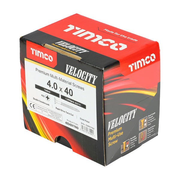 Timco Velocity Premium Multi-Use Screws - PZ - Double Countersunk - Yellow 4.0 x 40 - 1000 Pieces