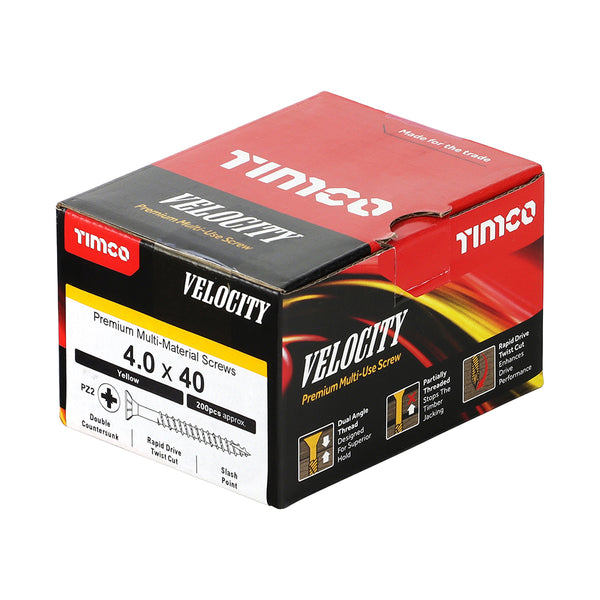 Timco Velocity Premium Multi-Use Screws - PZ - Double Countersunk - Yellow 4.0 x 40 - 200 Pieces