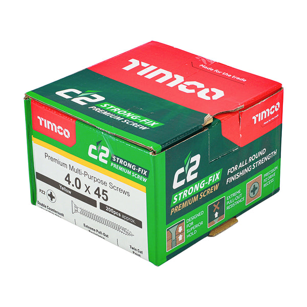 Timco C2 Strong-Fix Multi-Purpose Premium Screws - PZ - Double Countersunk - Yellow 4.0 x 45 - 200 Pieces