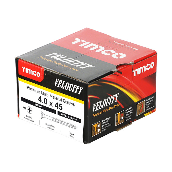 Timco Velocity Premium Multi-Use Screws - PZ - Double Countersunk - Yellow 4.0 x 45 - 200 Pieces