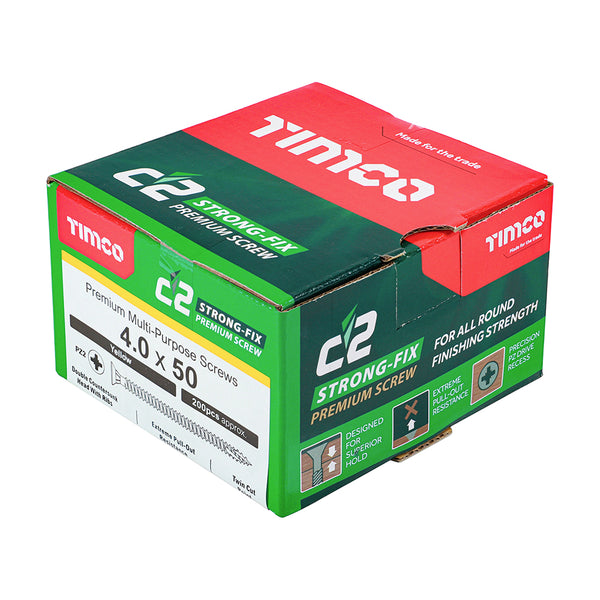 Timco C2 Strong-Fix Multi-Purpose Premium Screws - PZ - Double Countersunk - Yellow 4.0 x 50 - 200 Pieces