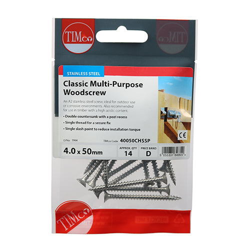 Timco Classic Multi-Purpose Screws - PZ - Double Countersunk - Stainless Steel 4.0 x 50 - 14 Pieces