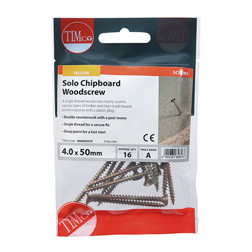 Timco Solo Woodscrews - PZ - Double Countersunk - Yellow 4.0 x 50 - 16 Pieces