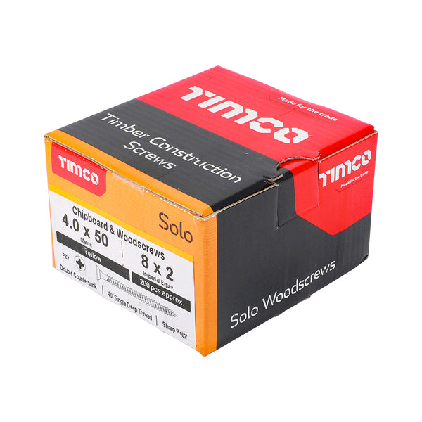 Timco Solo Chipboard & Woodscrews - PZ - Double Countersunk - Yellow 4.0 x 50 - 200 Pieces