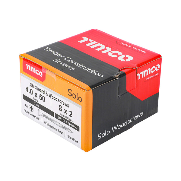 Timco Solo Chipboard & Woodscrews - PZ - Double Countersunk - Zinc 4.0 x 50 - 200 Pieces