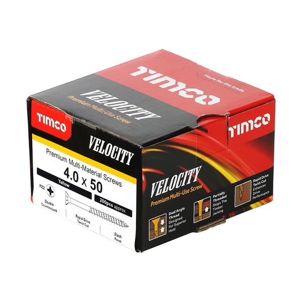 Timco Velocity Premium Multi-Use Screws - PZ - Double Countersunk - Yellow 4.0 x 50 - 200 Pieces