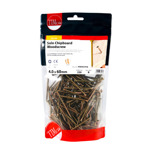 Timco Solo Woodscrews - PZ - Double Countersunk - Yellow 4.0 x 60 - 230 Pieces