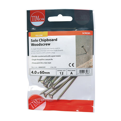Timco Solo Woodscrews - PZ - Double Countersunk - Yellow 4.0 x 60 - 12 Pieces