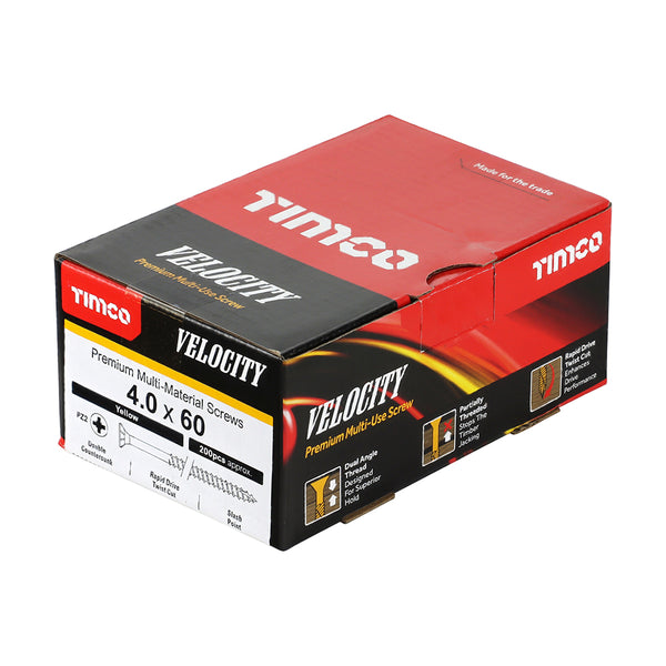 Timco Velocity Premium Multi-Use Screws - PZ - Double Countersunk - Yellow 4.0 x 60 - 200 Pieces
