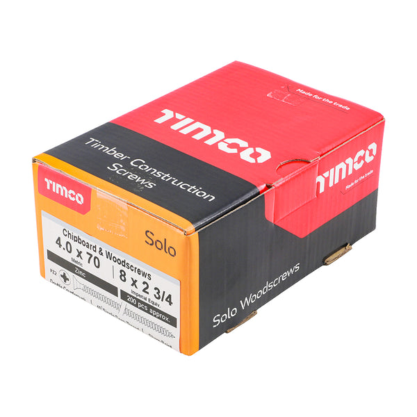 Timco Solo Chipboard & Woodscrews - PZ - Double Countersunk - Zinc 4.0 x 70 - 200 Pieces