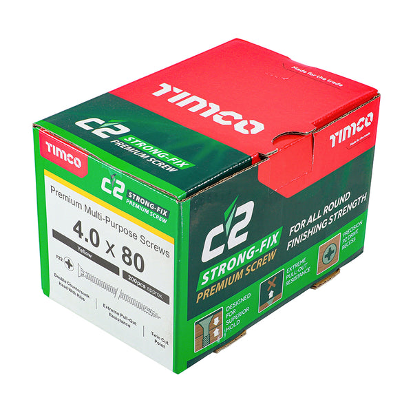 Timco C2 Strong-Fix Multi-Purpose Premium Screws - PZ - Double Countersunk - Yellow 4.0 x 80 - 200 Pieces