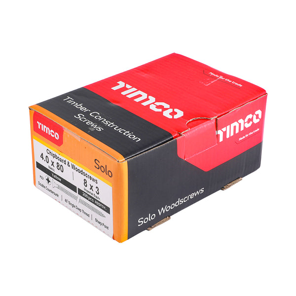 Timco Solo Chipboard & Woodscrews - PZ - Double Countersunk - Yellow 4.0 x 80 - 200 Pieces